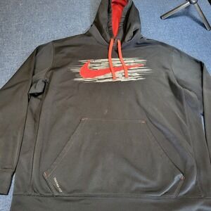 Nike Therma-FIT Mens XL Hoodie Black Red Graphic Swoosh Pullover Sweatshirt
